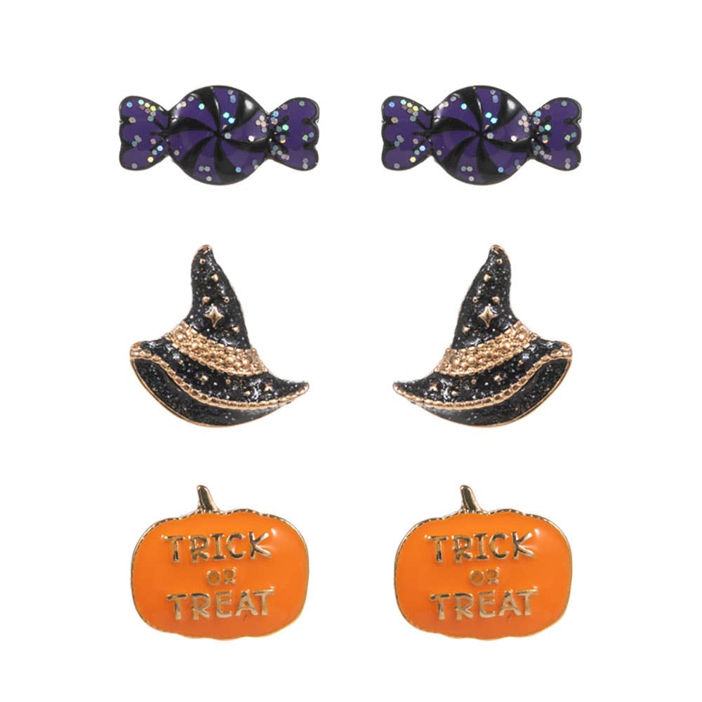 3Pairs - Halloween Candy Witch Hat Pumpkin Stud Earring Set