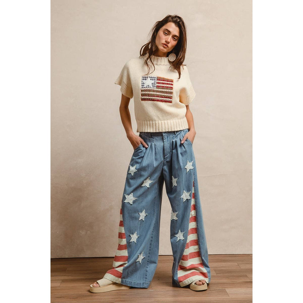 VINTAGE WASHED AMERICAN FLAG STAR CHAMBRAY PANTS