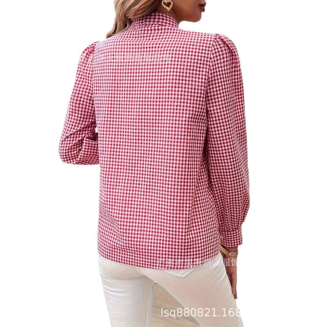 Women Long Sleeve Loose Fit Plaid Casual Blouse Shirt