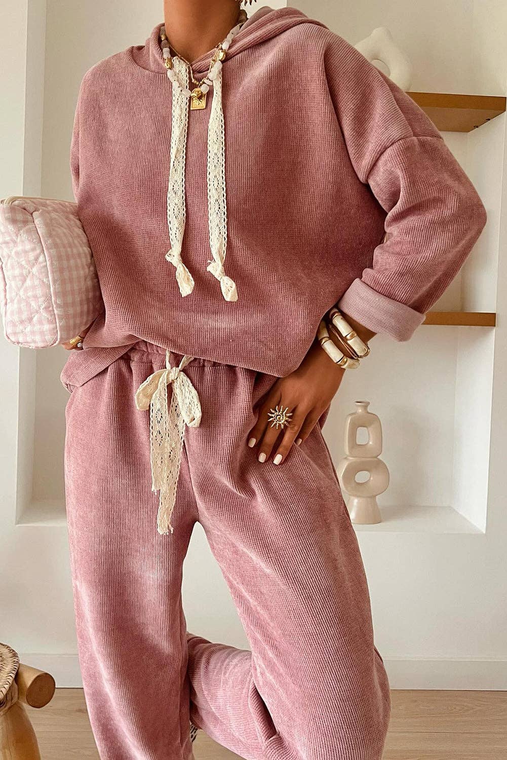 Parchment Leopard Drawstring Pullover Hoodie and High Waist Pants Corduroy Suit