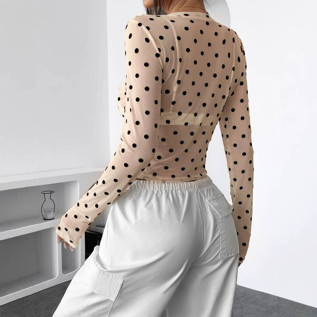 Sheer Dot Print Fitted Mesh Round Neck Long Sleeve T Shirt