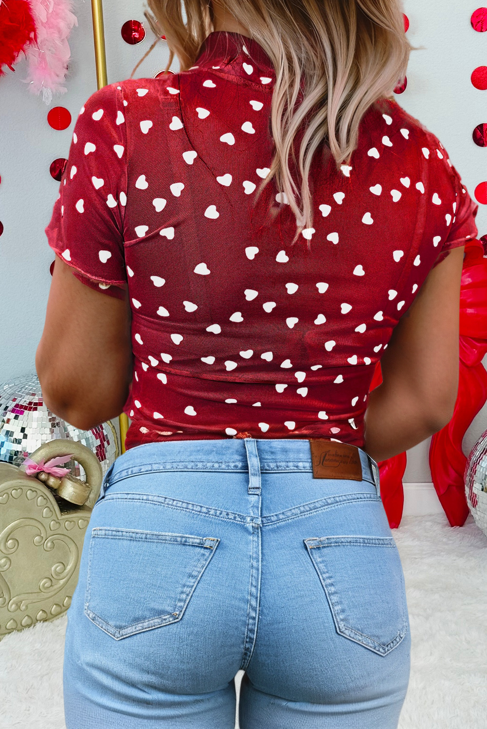 Heart Mock Neck Mesh Valentine's Day Top