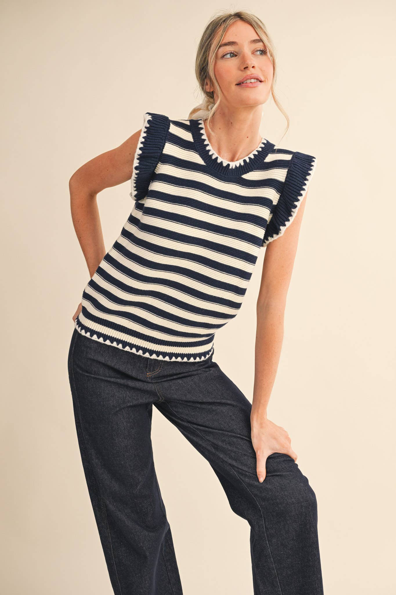 STRIPED FLUTTER SLEEVE SWEATER TOP