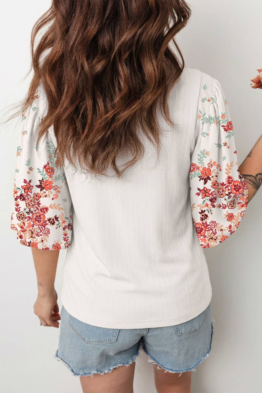 Ribbed Texture Floral Print Half Sleeve Patchwork Top