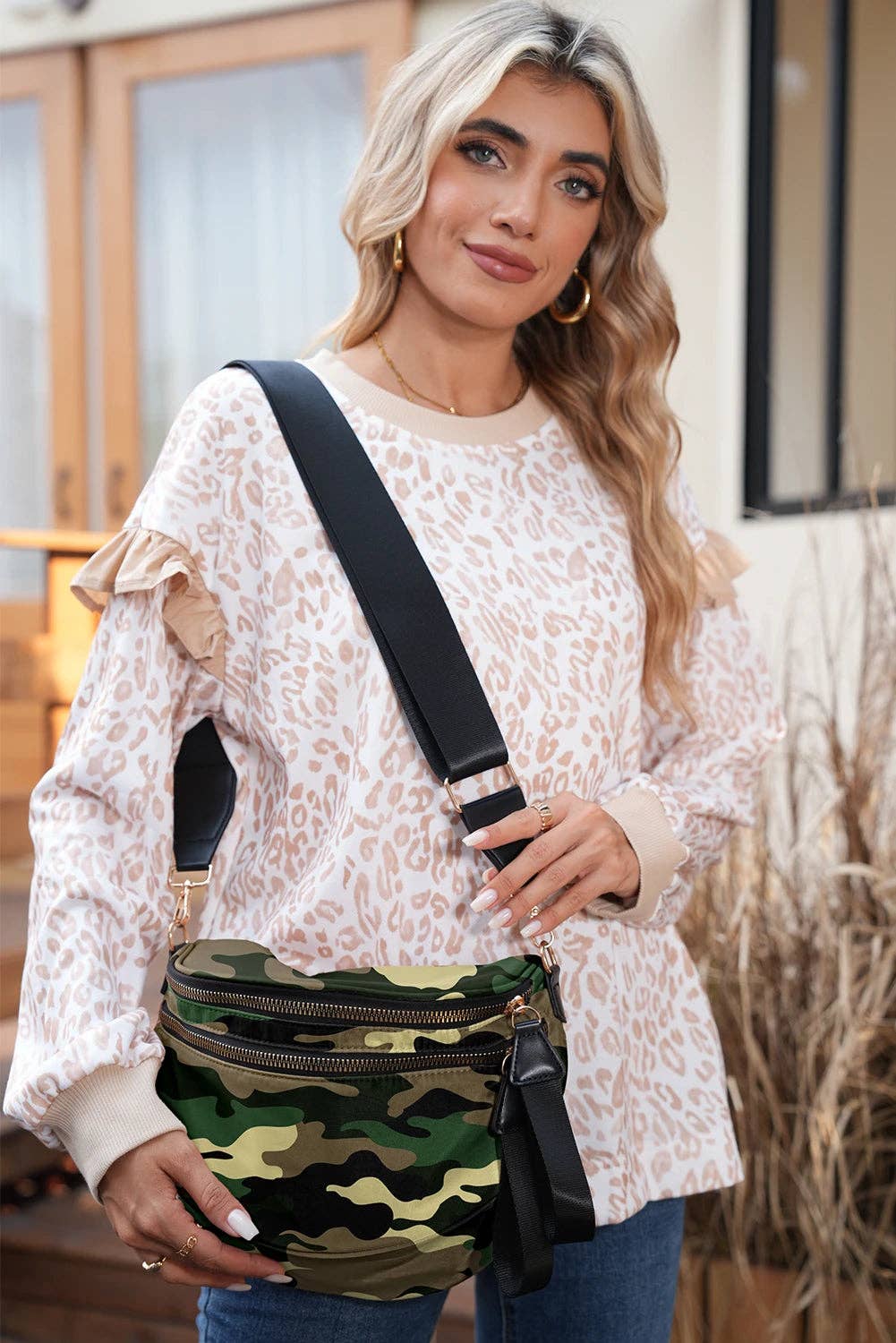 Camo Print Crossbody Shoulder Bag with Gold Chain Detail