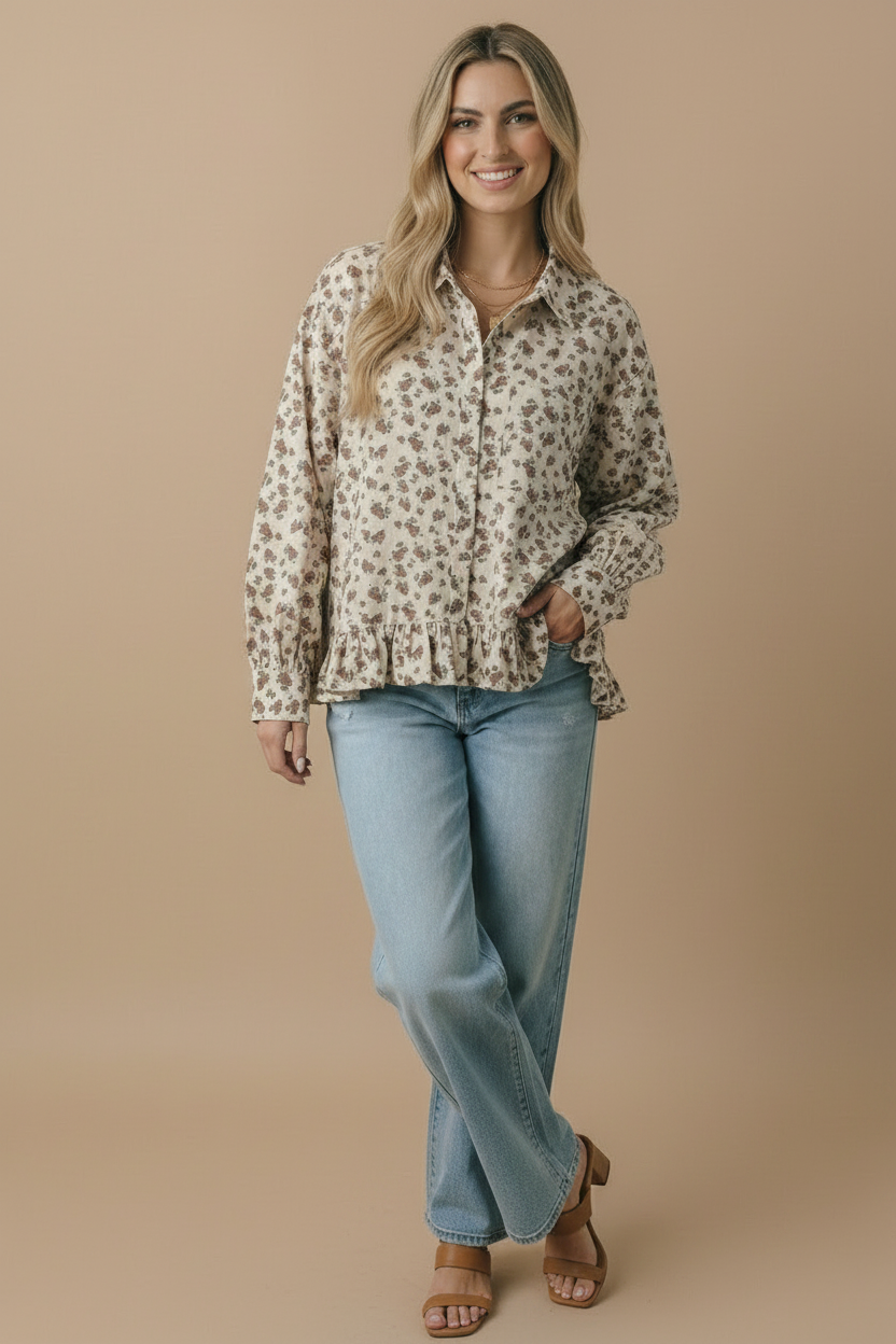 Collared Floral Peplum Hem Babydoll Shirt