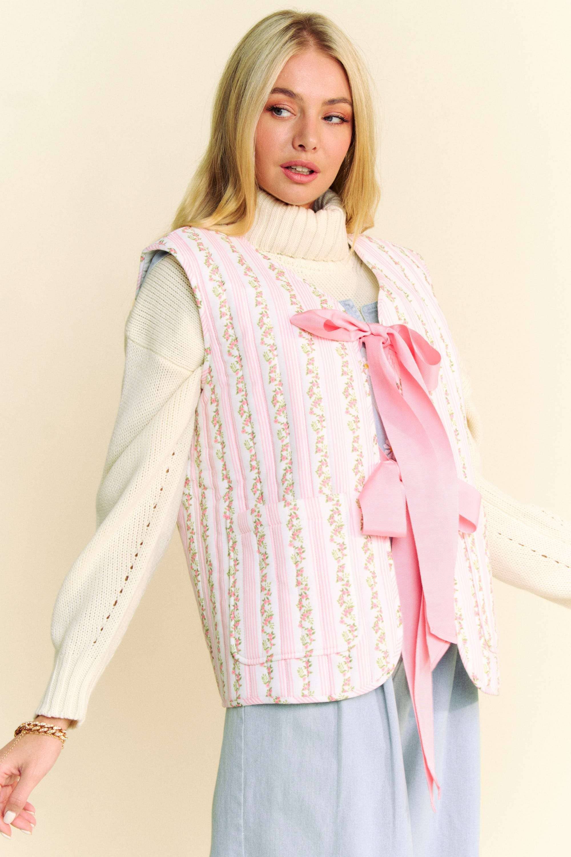 QUILTED FLORAL BOW TIE FRONT PADDING VEST JACKET