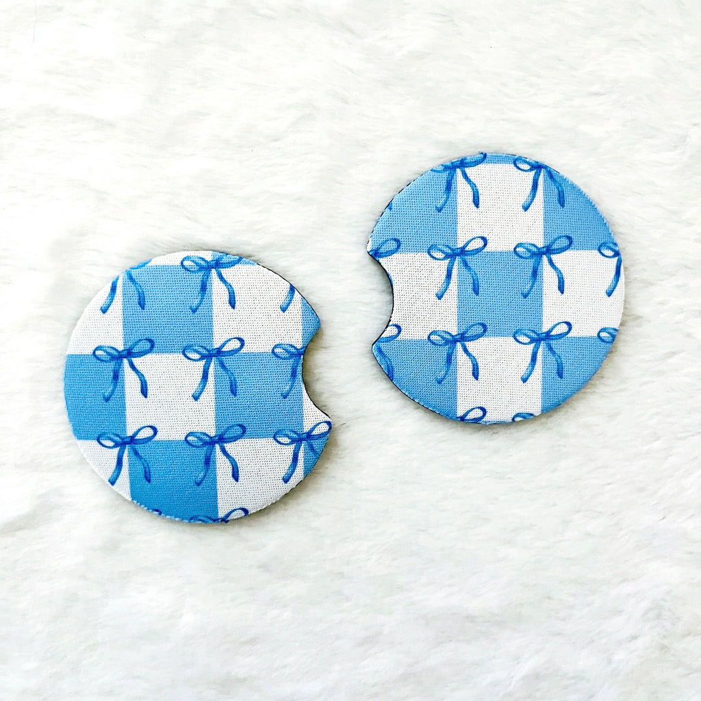 2 Car Coasters, Blue Coquette Bow & Checkered Pattern