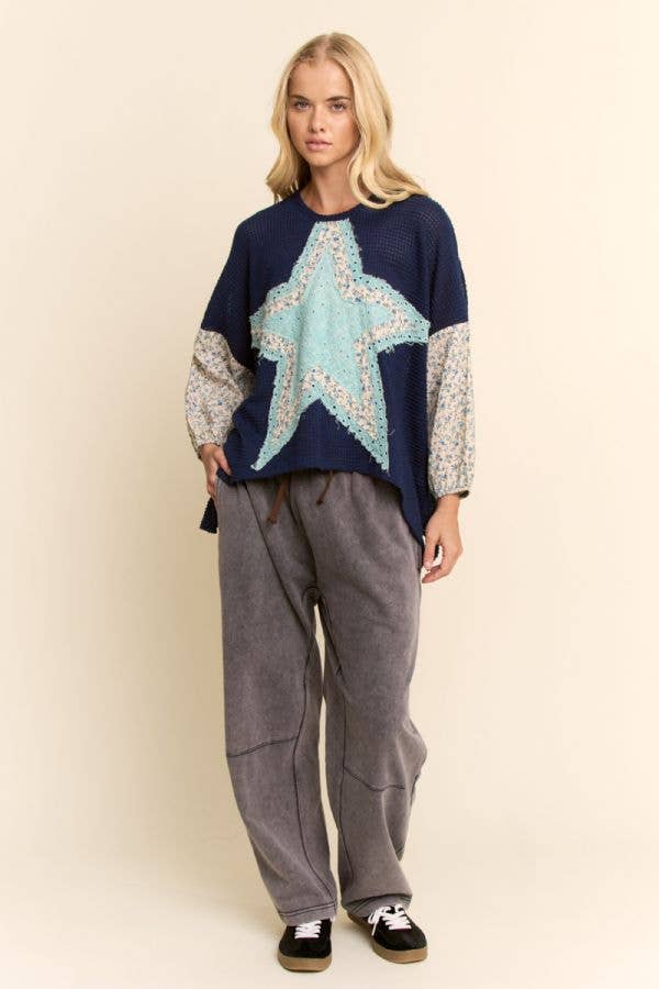 MULTI STAR PATCHWORK DITSY SLEEVE WAFFLE KNIT TOP