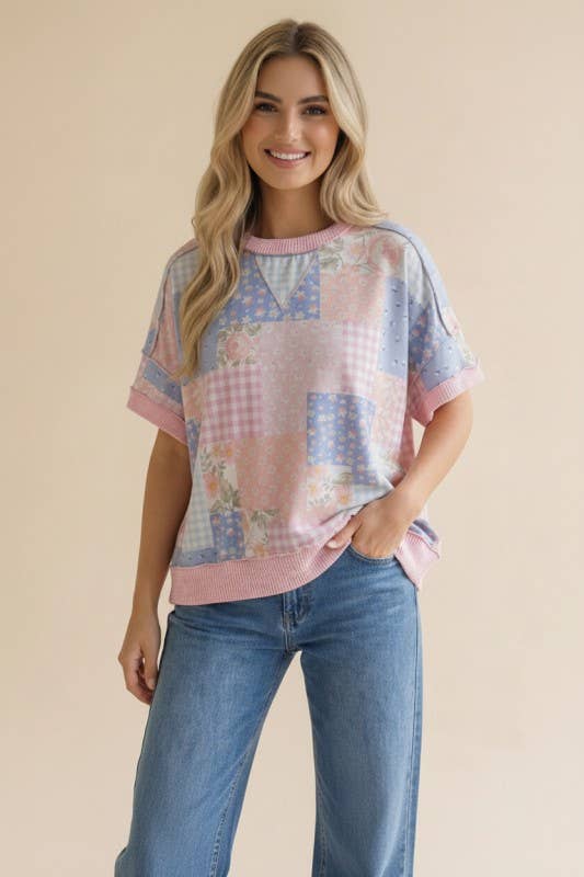 Plus Floral Patchwork Top With Triangle Detail