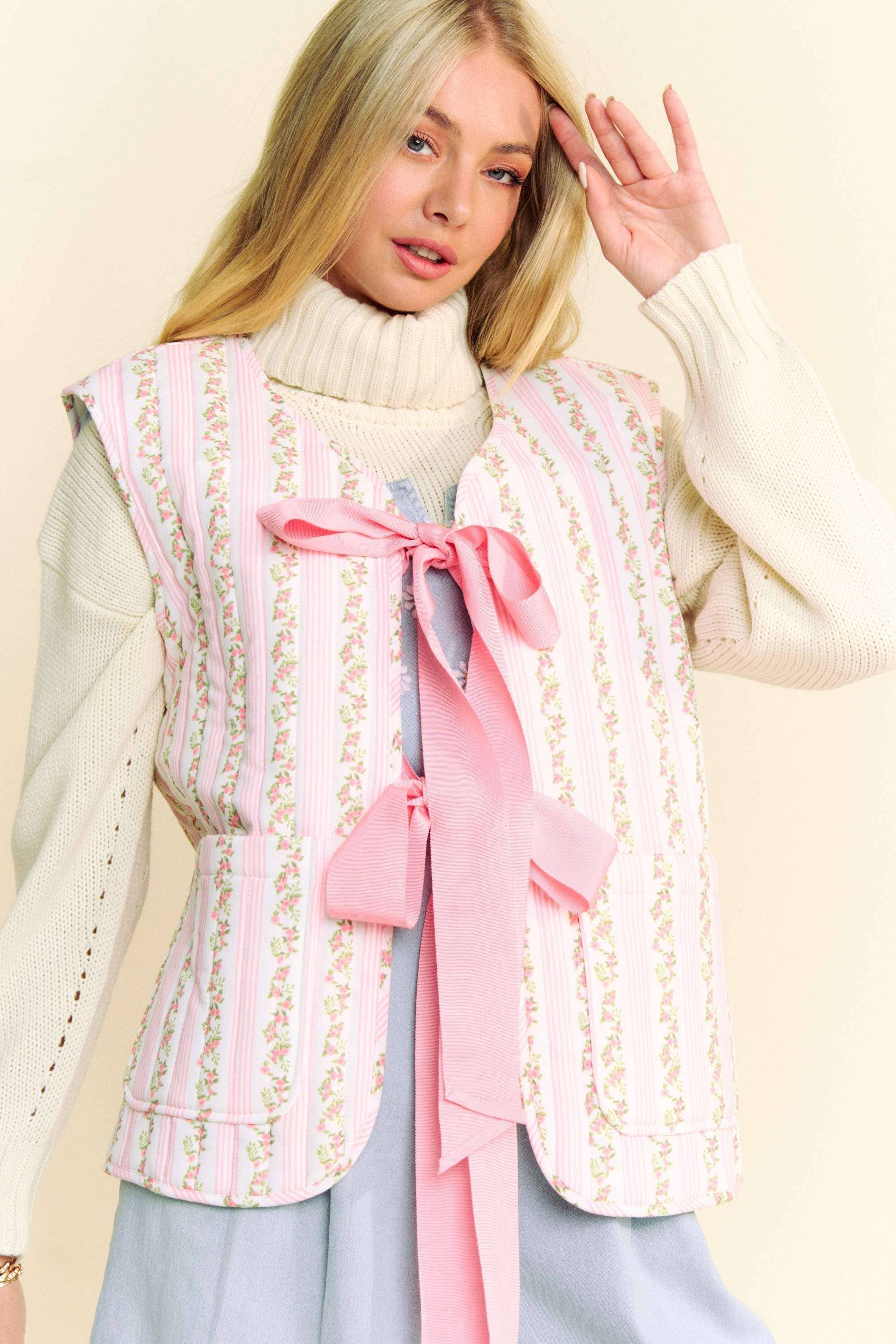 QUILTED FLORAL BOW TIE FRONT PADDING VEST JACKET