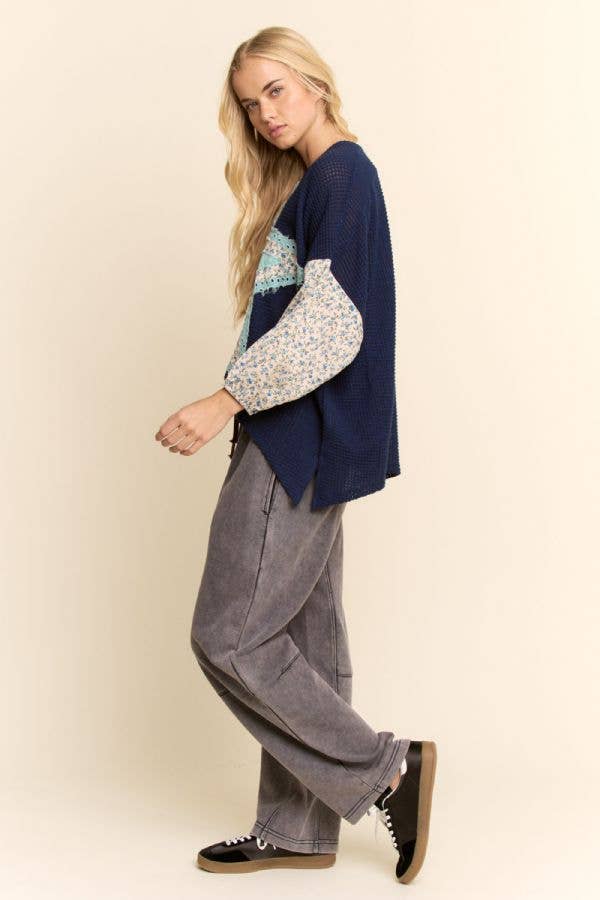 MULTI STAR PATCHWORK DITSY SLEEVE WAFFLE KNIT TOP