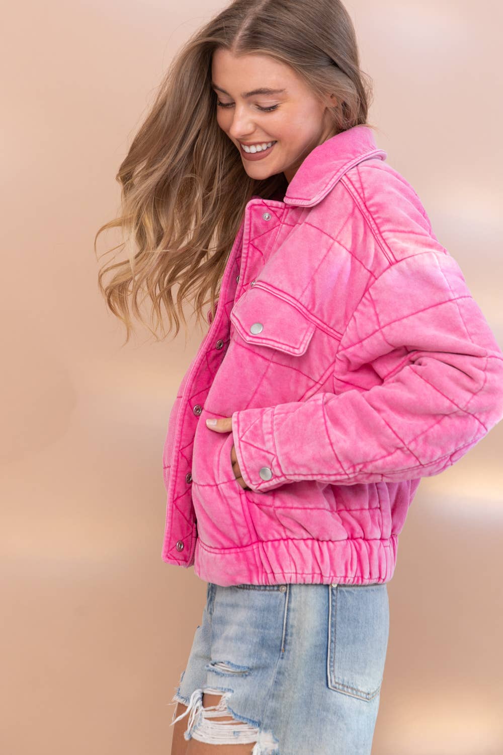 Garment Stone Washed Quilted Pocket Front Jacket