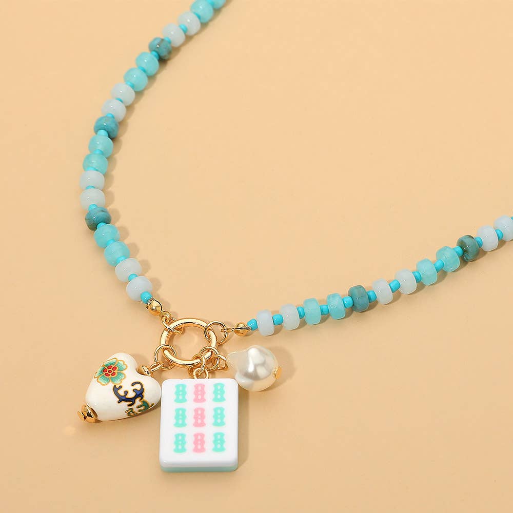 Mahjong Tile Charm Pearl Floral Bead Ball Charm Pendant Beaded Necklace