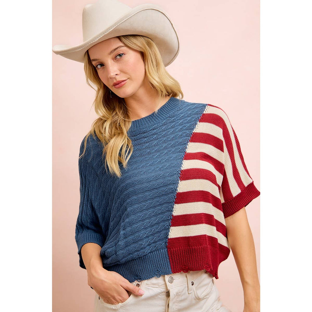 4TH OF JULY DIAGONAL STRIPE BLOCK TEXTURED KNIT TOP