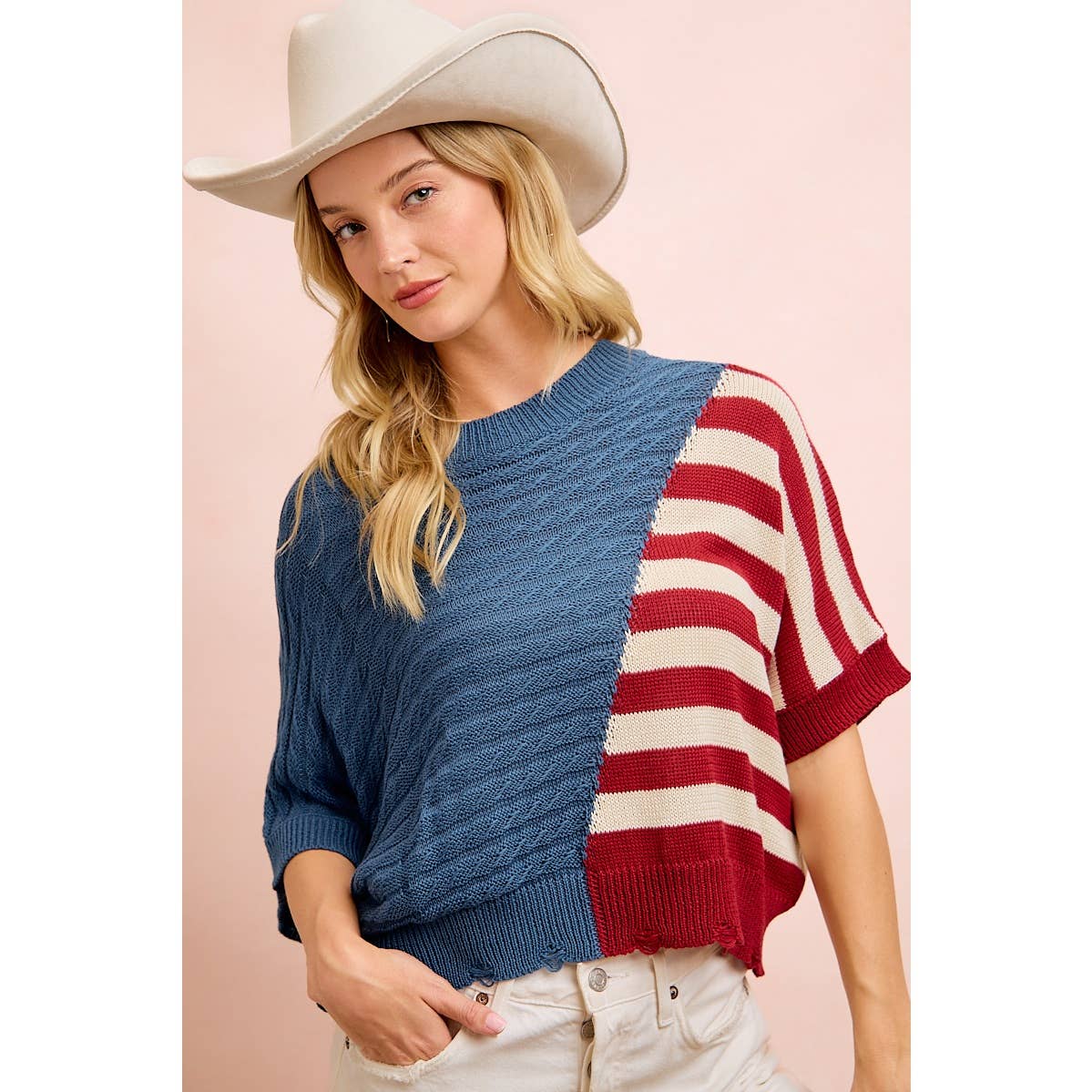 4TH OF JULY DIAGONAL STRIPE BLOCK TEXTURED KNIT TOP