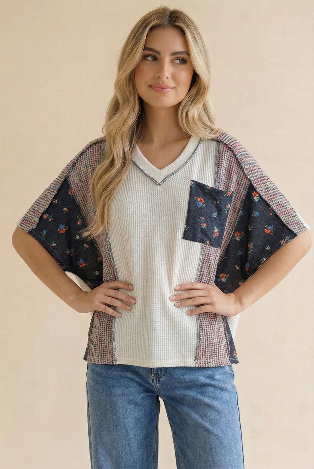 Plus Floral Pocket Dolman Wave Rib Knit Top