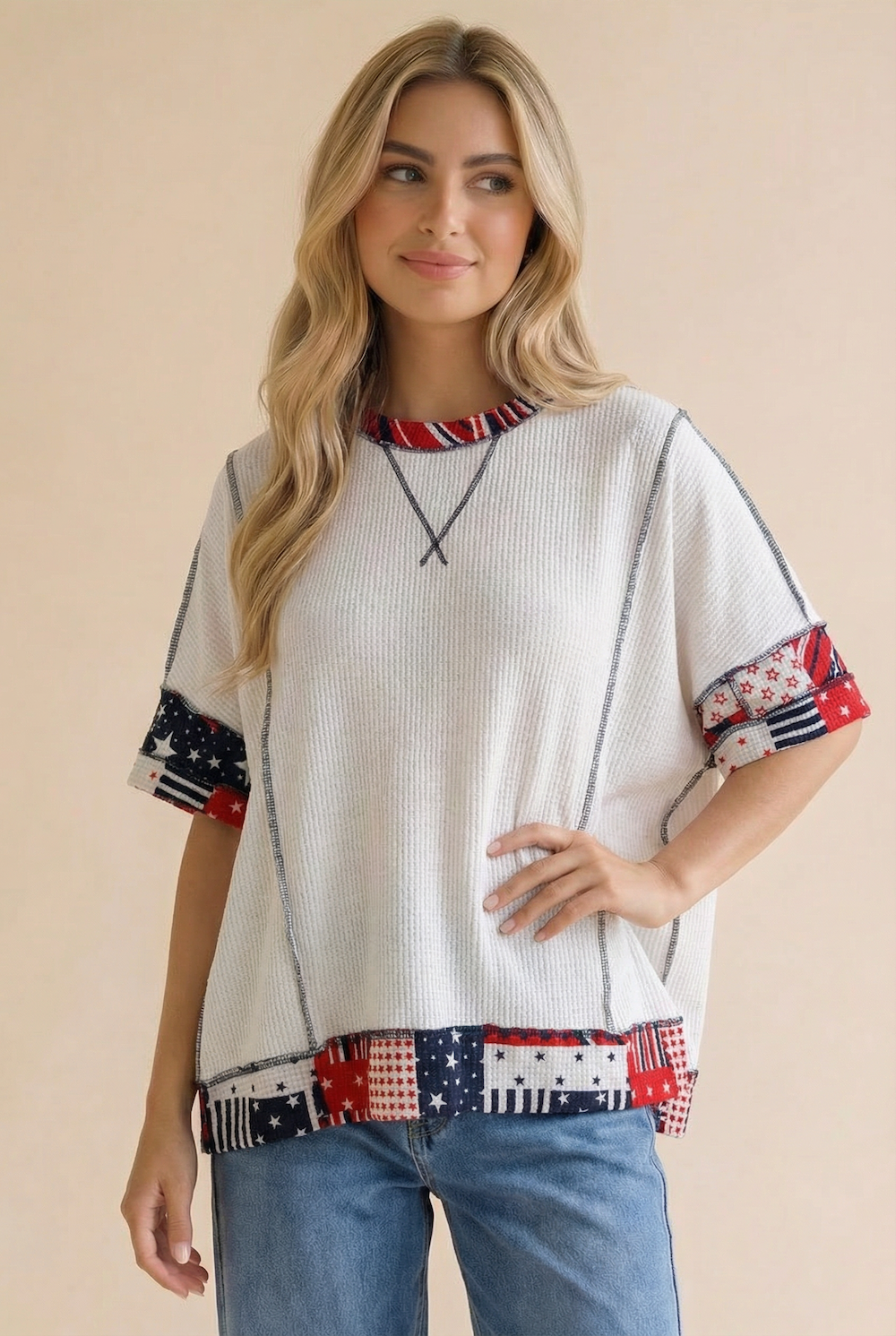 OVERSIZED PATRIOTIC COLOR BLOCK KNIT TOP