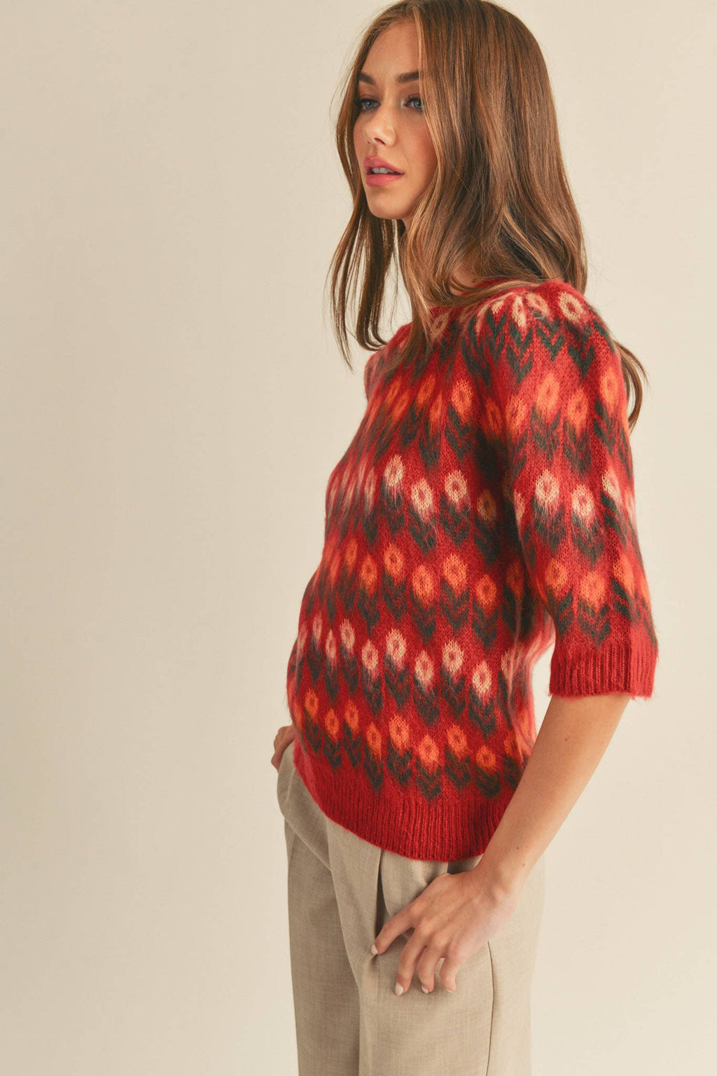 FLORAL KNIT SHORT PUFF SLEEVE SWEATER TOP