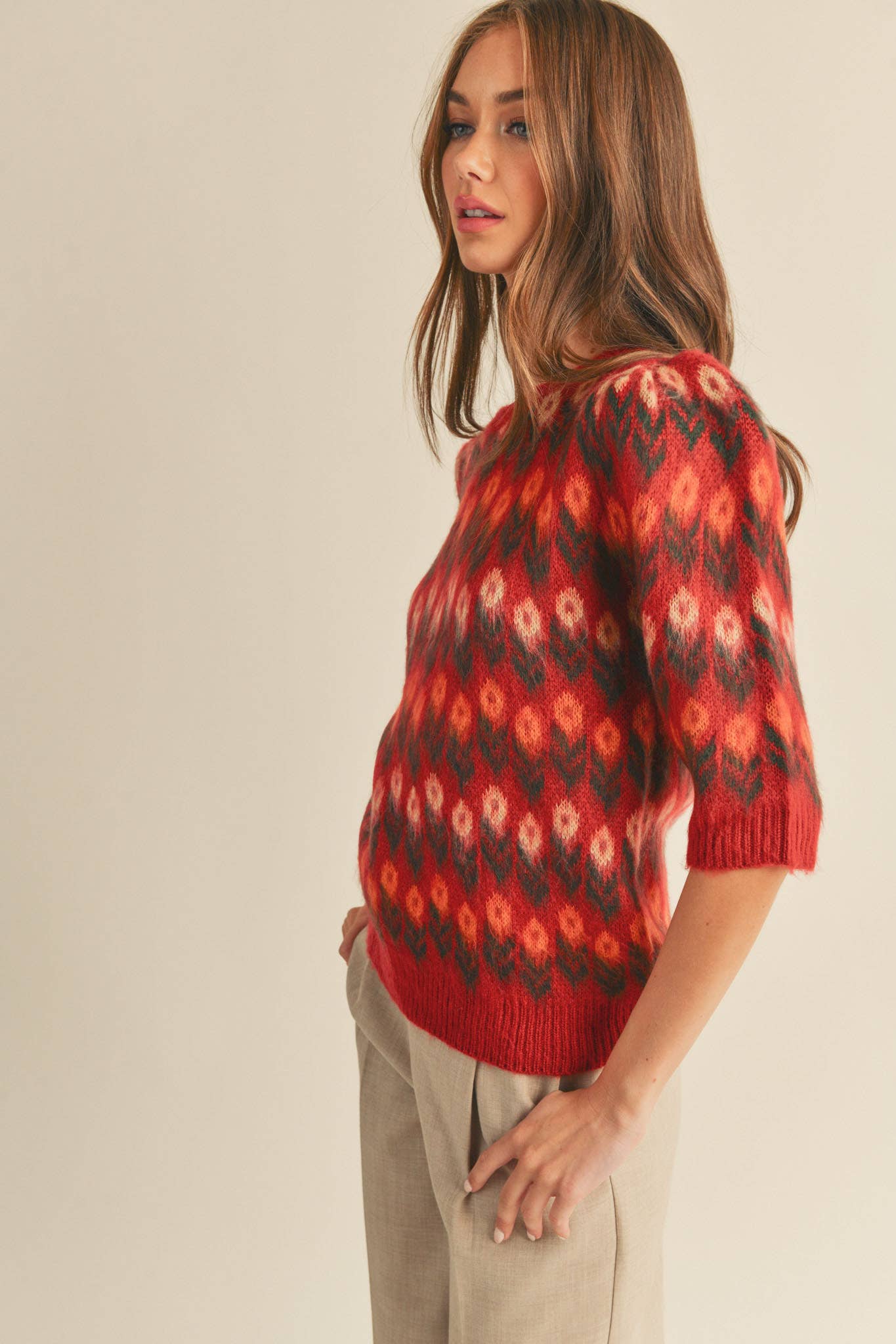FLORAL KNIT SHORT PUFF SLEEVE SWEATER TOP