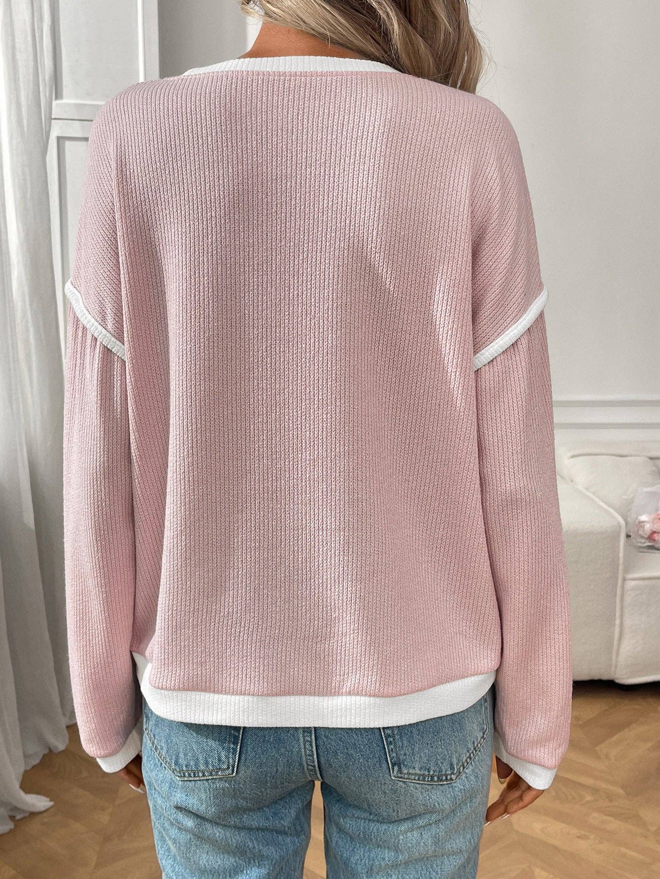 Women's Contrast Trim Waffle Knit Long Sleeve Pullover