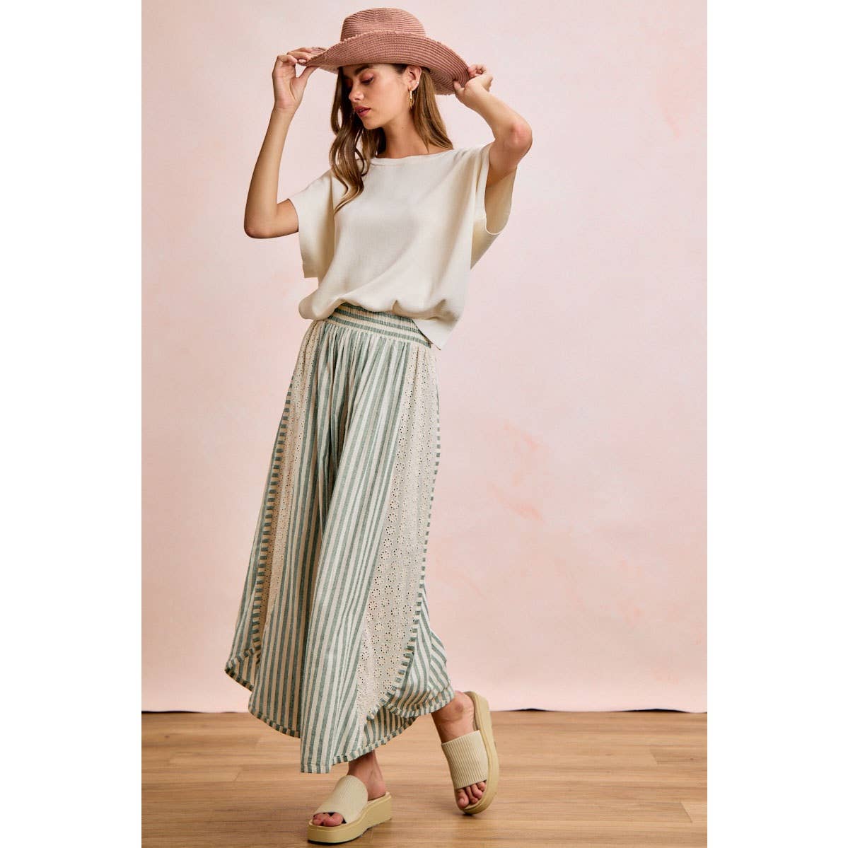 FLORAL EYELET SIDE ELASTIC STRIPES WIDE LEG PANTS