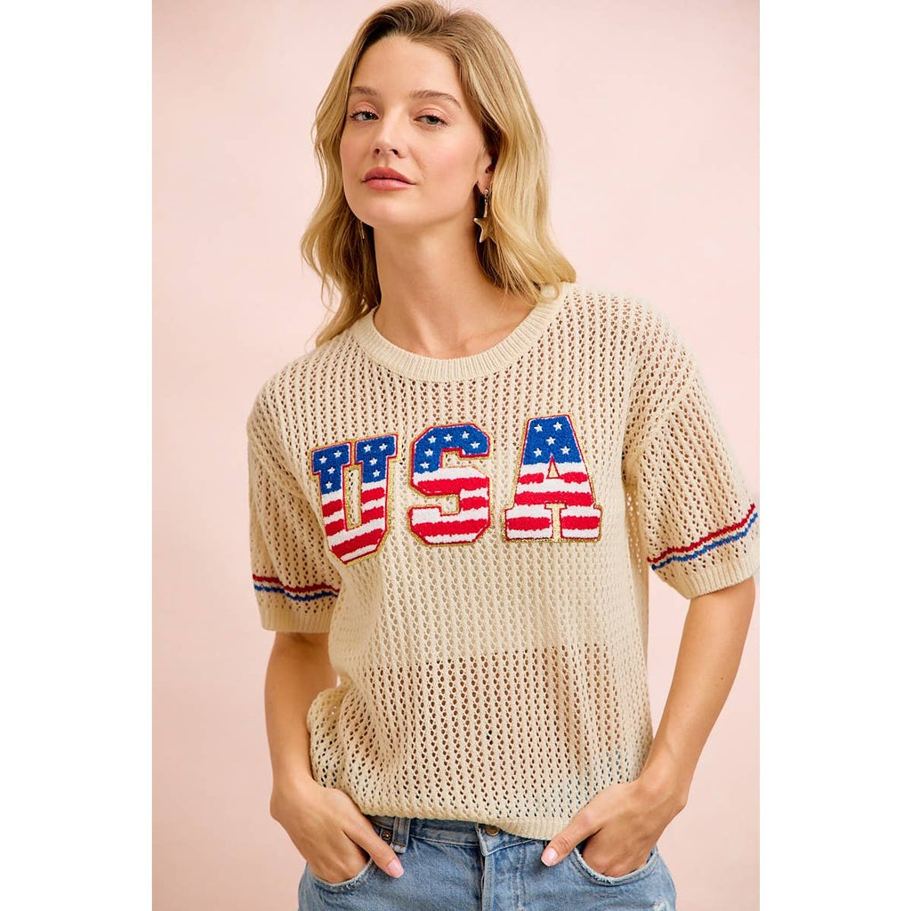 4TH OF JULY USA LETTERING PATHCH OPEN KNIT TOP