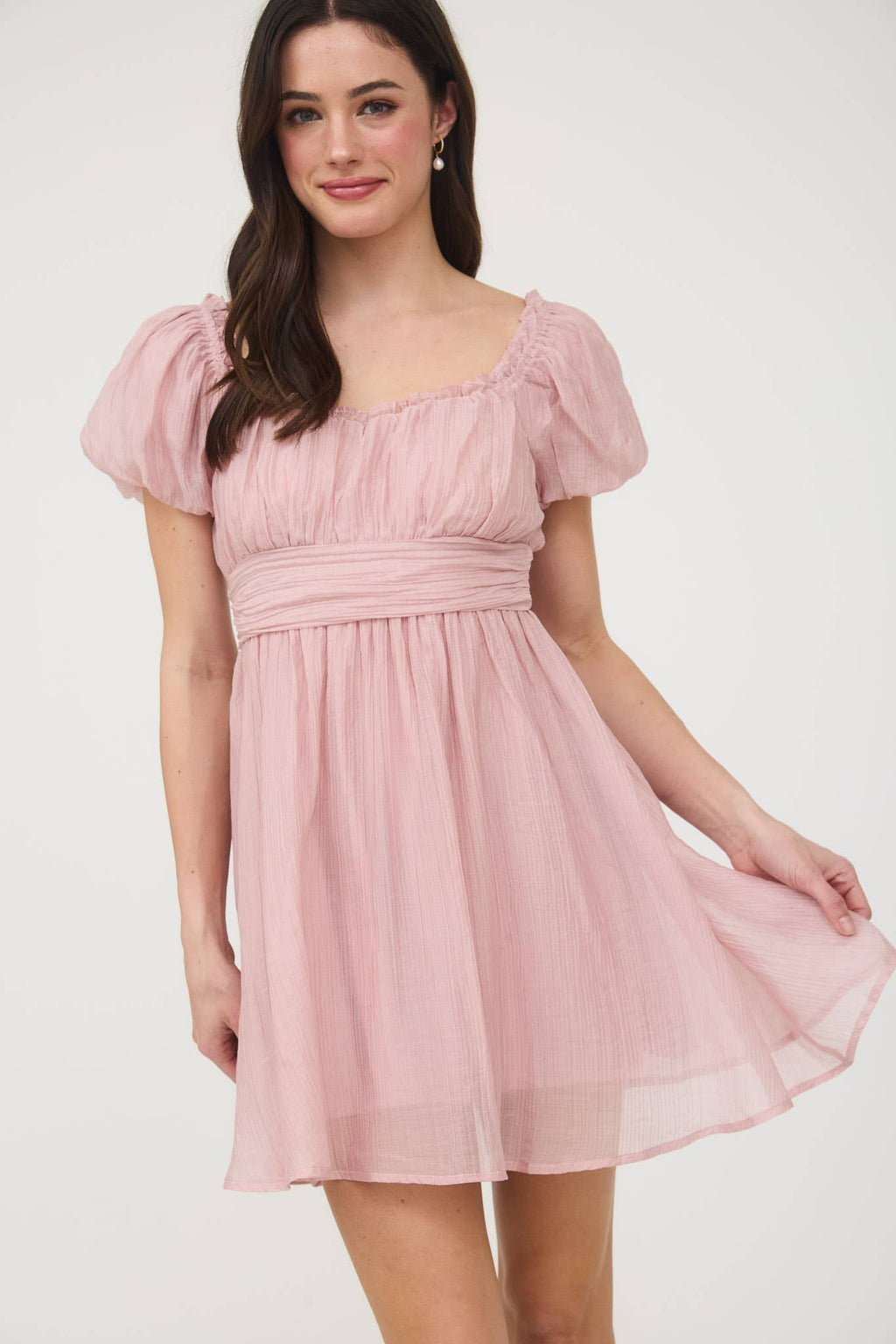 BALLOON SLEEVE RUFFLE TRIM BACK LACE UP MINI DRESS