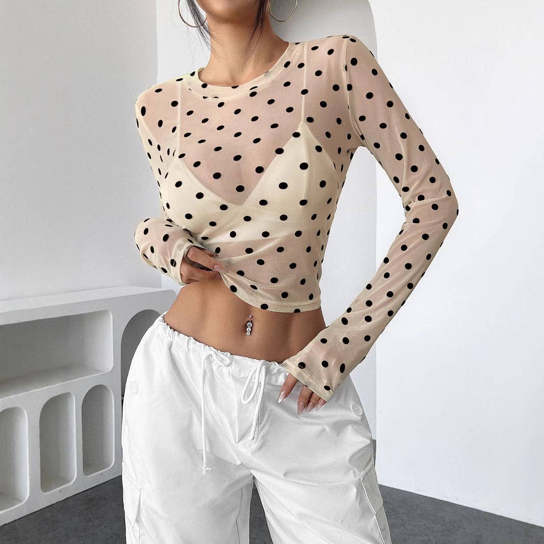 Sheer Dot Print Fitted Mesh Round Neck Long Sleeve T Shirt