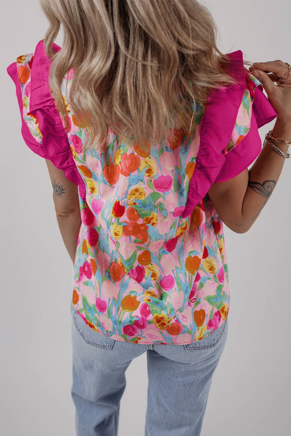 Floral Layered Ruffle Flutter Sleeve Tie V Neck Blouse