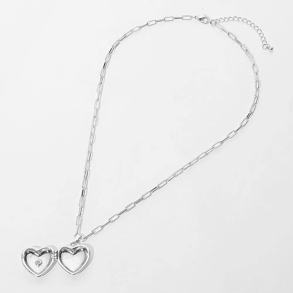 SECRET BOX_14K Gold Dipped CZ Pave Heart Locket Pendant Paperclip Chain Necklace