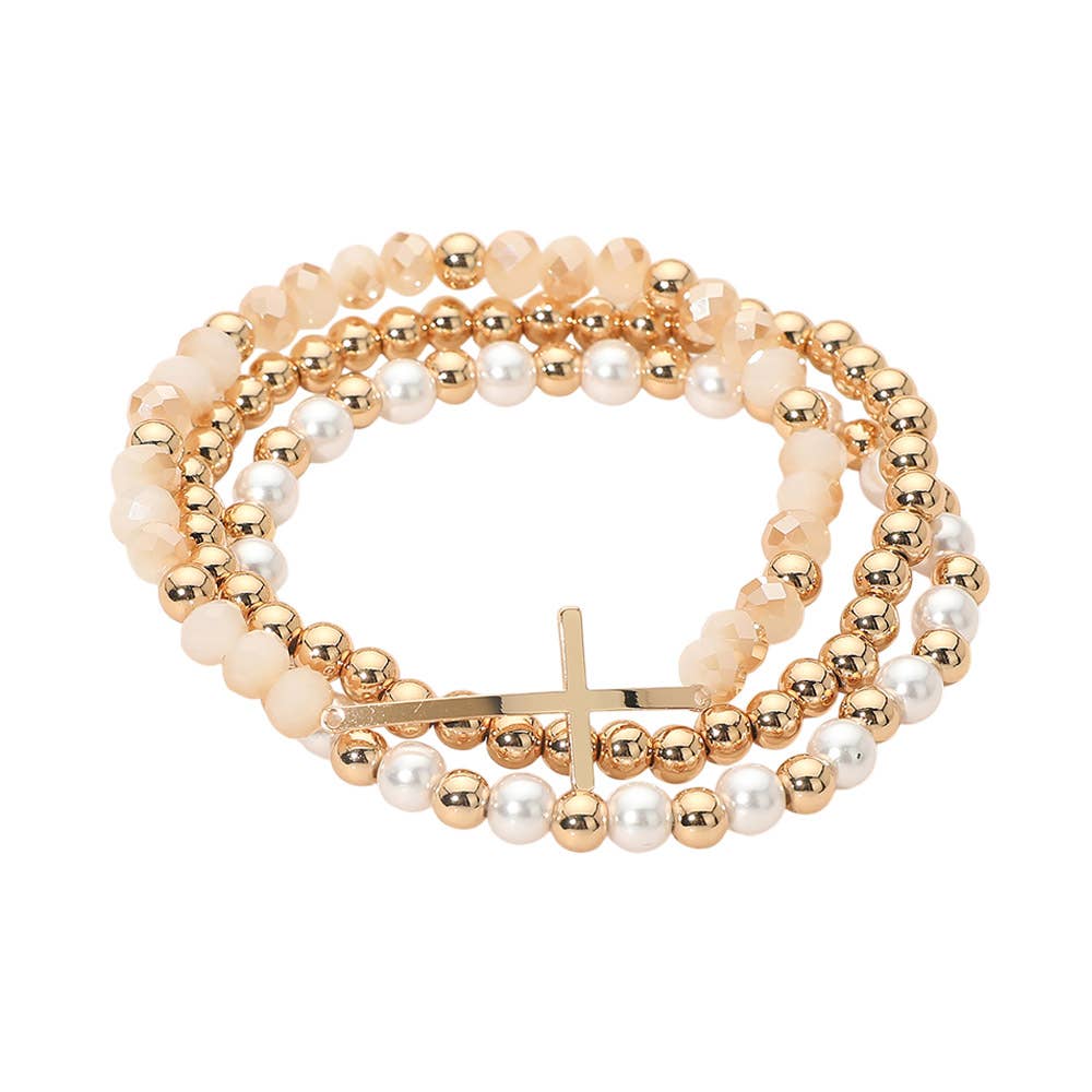 3PCS - Cross Charm Pearl Metal Ball Faceted Beaded Stretch Multi Layered Bracelets
