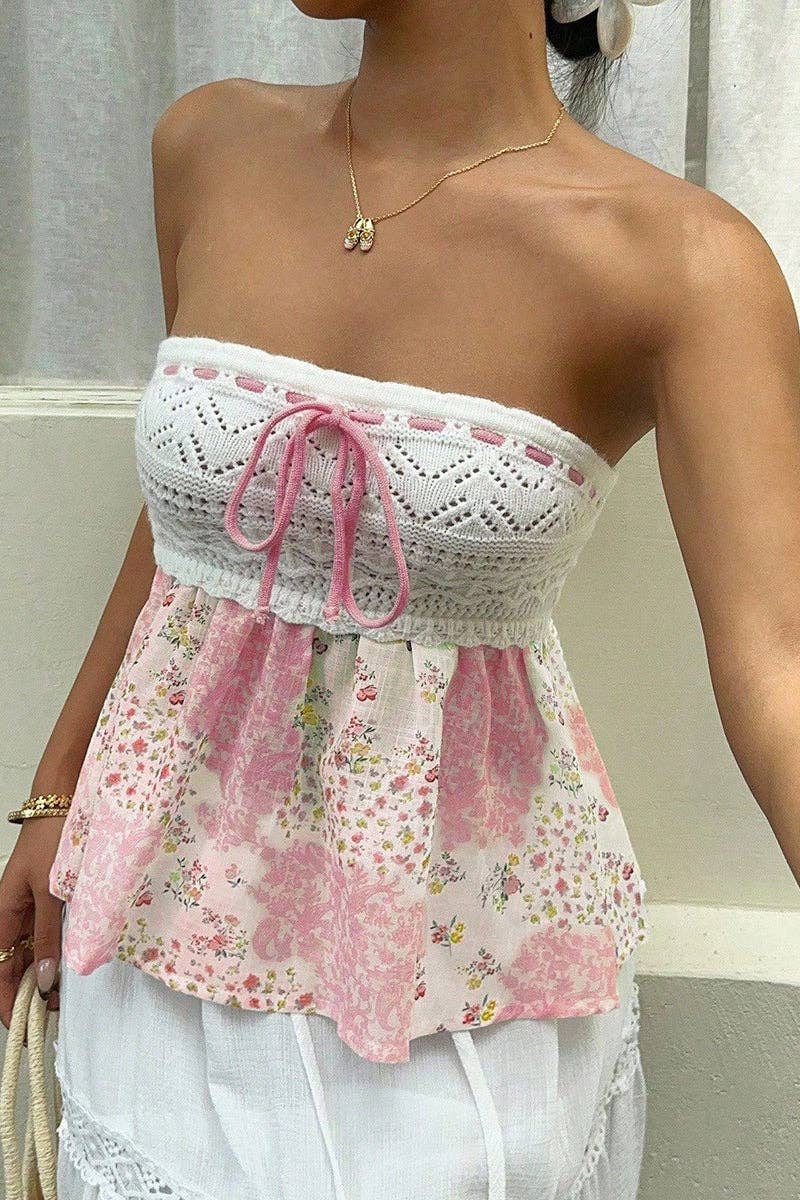Strapless Lace-Trimmed Floral Tank