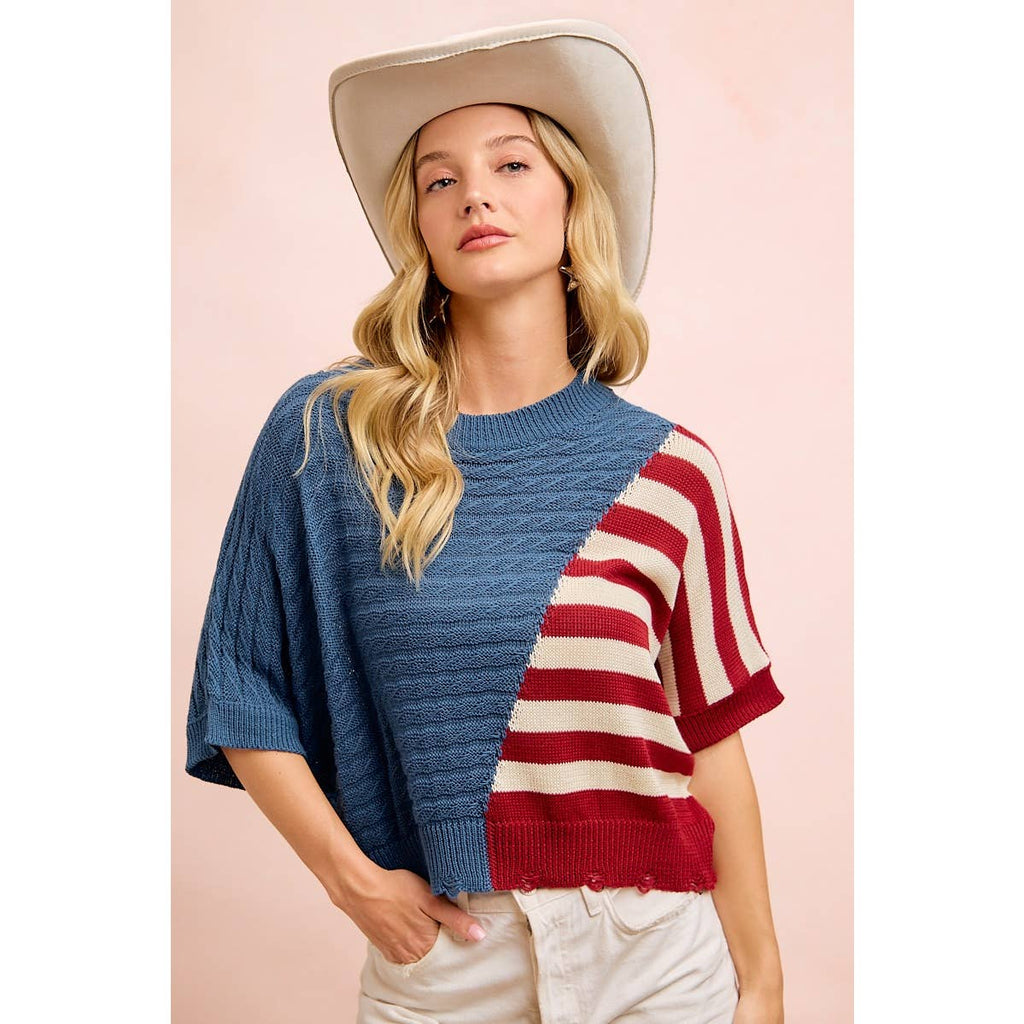 4TH OF JULY DIAGONAL STRIPE BLOCK TEXTURED KNIT TOP