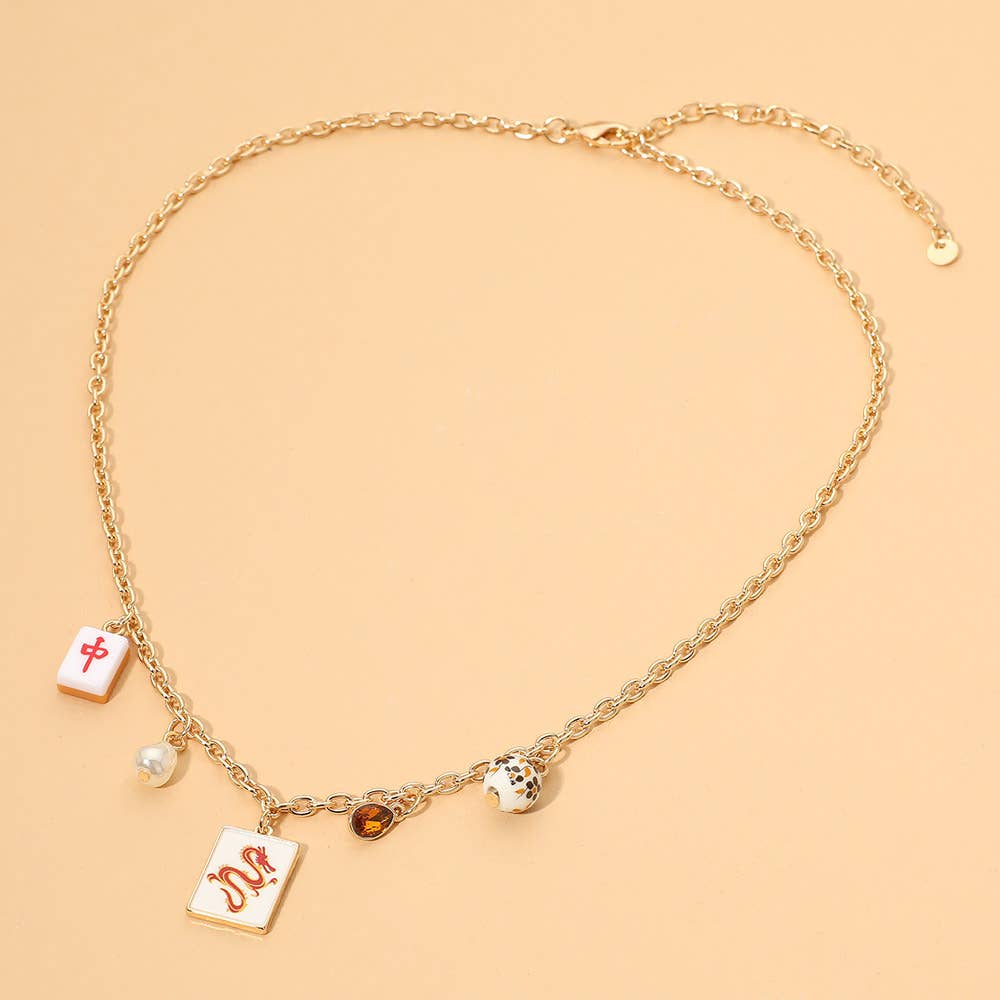 Mahjong Tile Pearl Stone Charm Necklace
