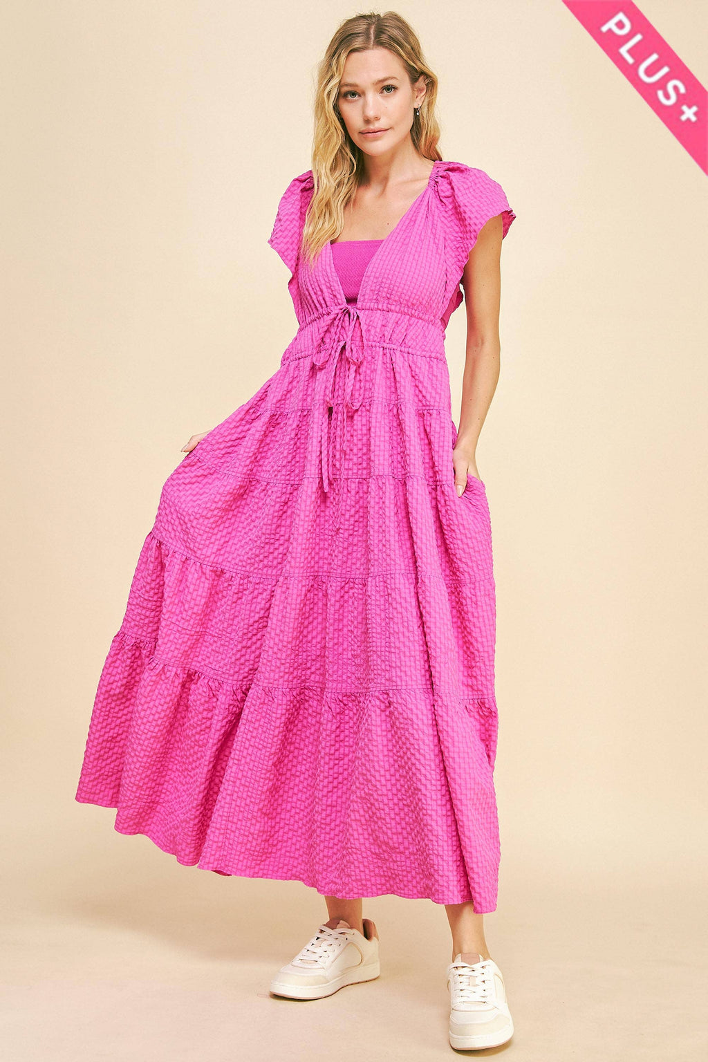 PLUS CRINKLED TEXTURE FLUTTER SHORT SLEEVE DRESS