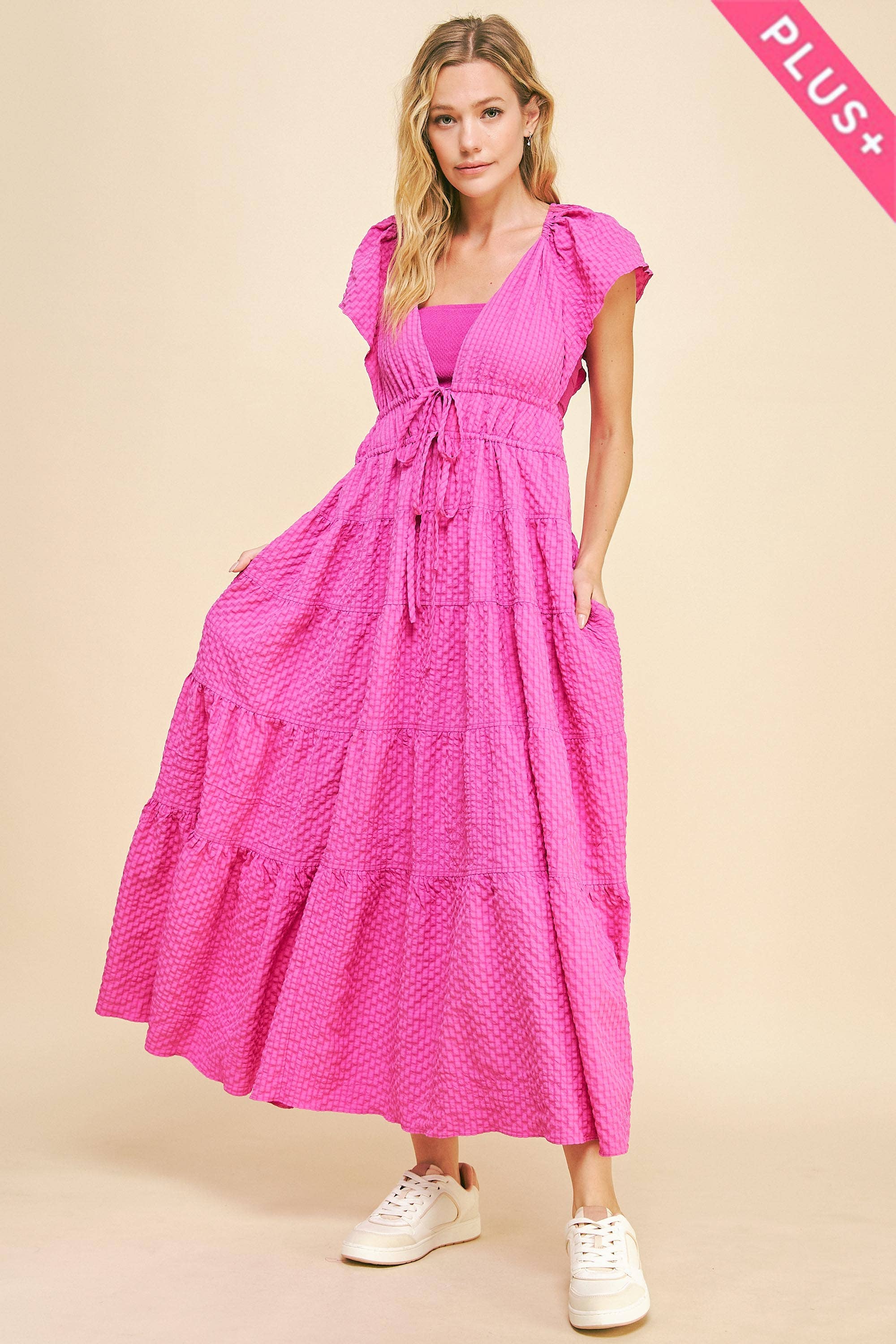 PLUS CRINKLED TEXTURE FLUTTER SHORT SLEEVE DRESS