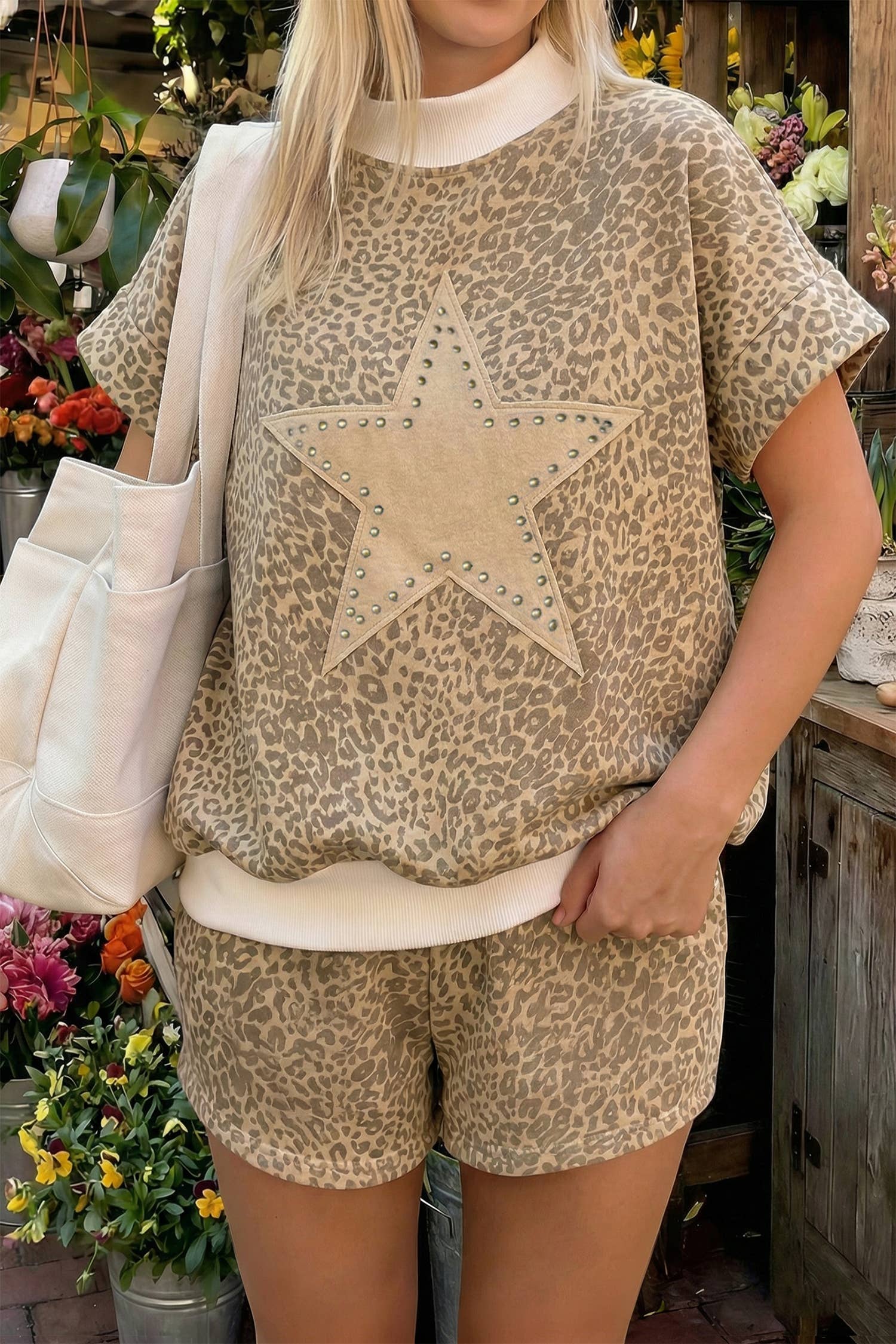 Mock Neck Tee Casual 2pcs Short Sets