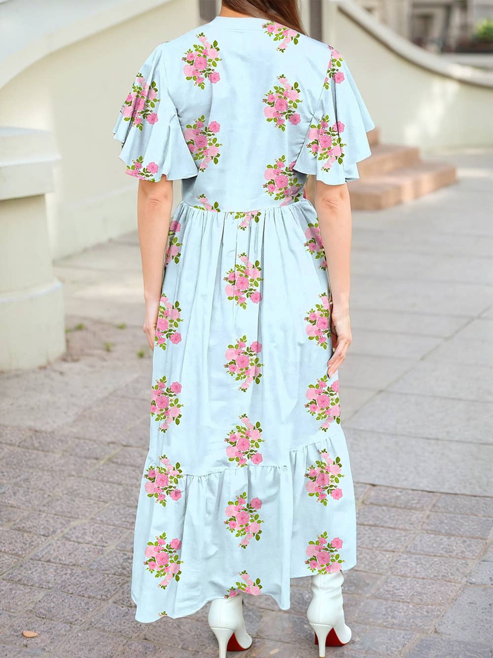 Plus Size V Neck Flutter Short Sleeve Floral Maxi Dresses