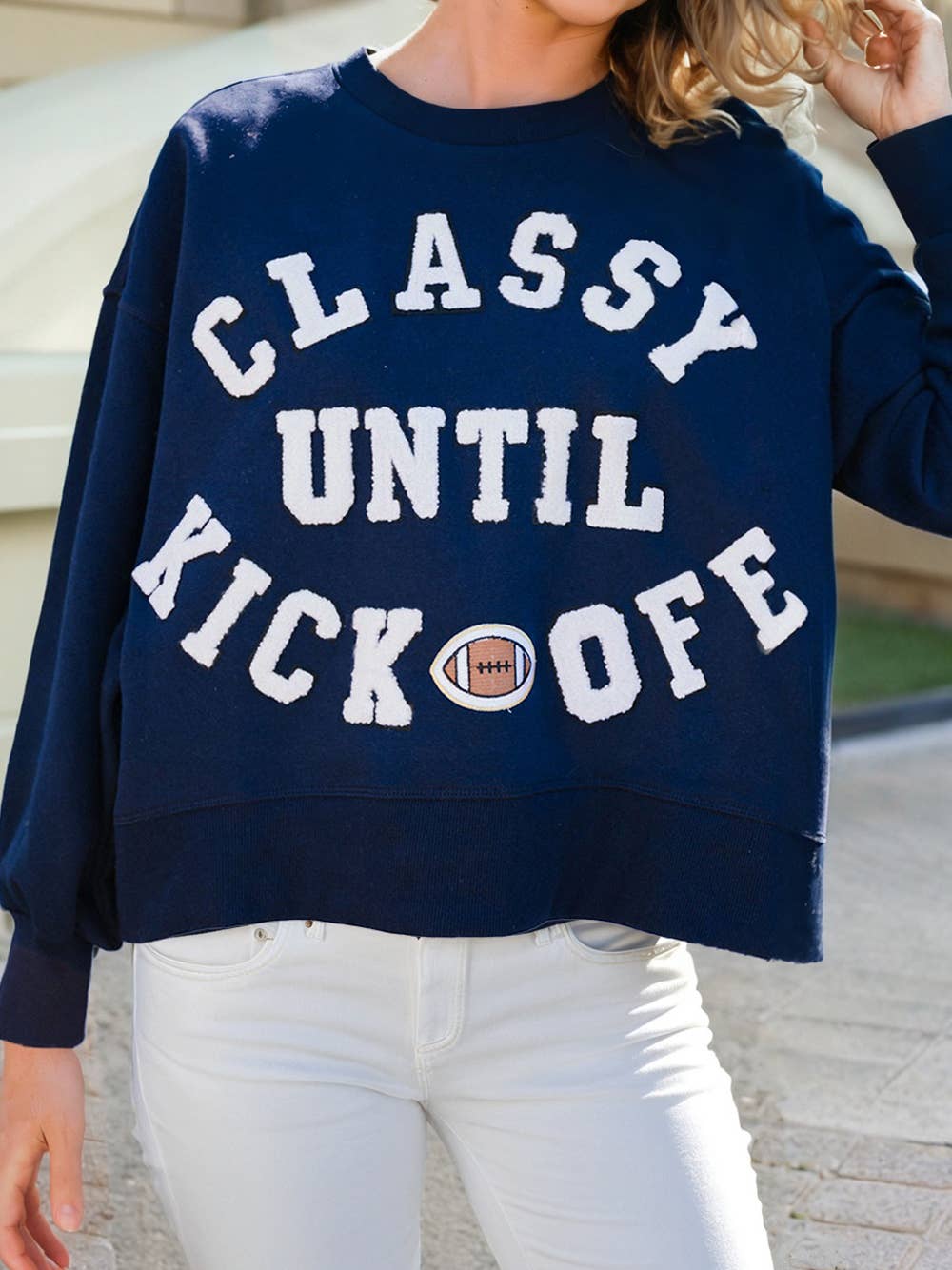 CLASSY UNTIL KICKOFF Plush Letter Patched Loose Sweatshirt