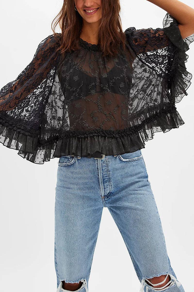 Lace Floral Ruffle Blouse