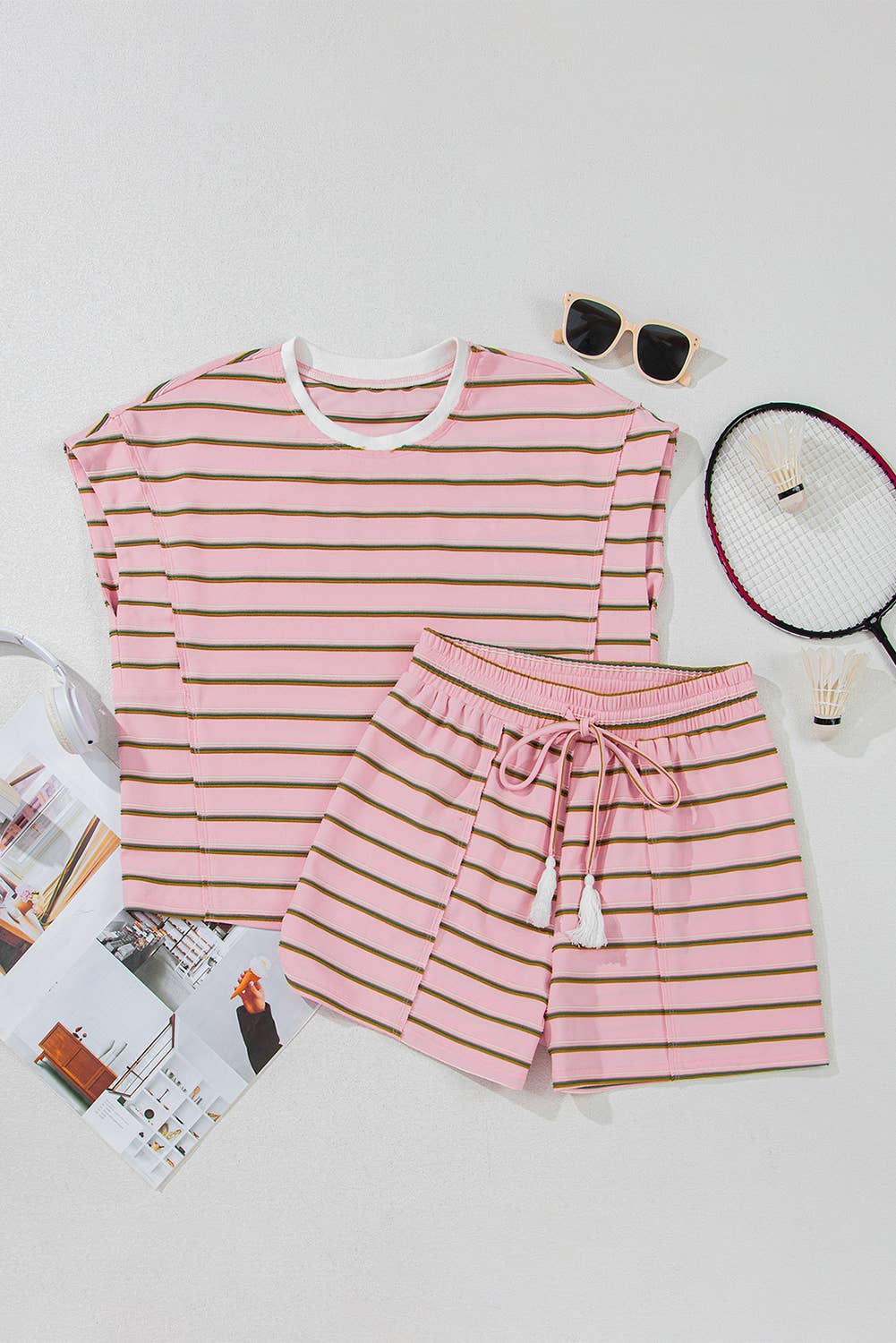 Stripe Crew Neck T Shirt and Drawstring Shorts Set