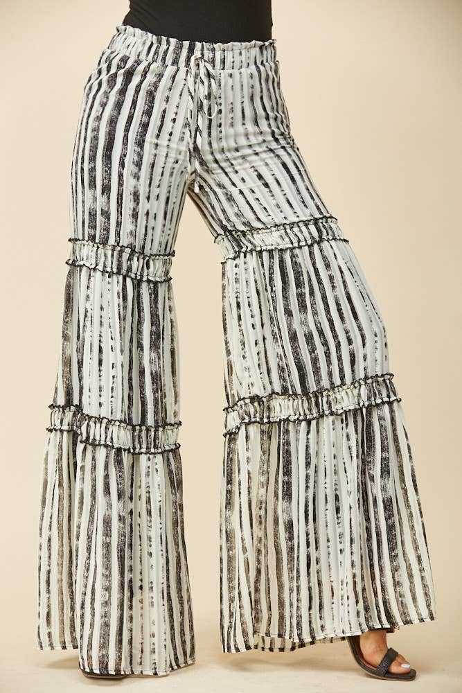 CHIFFON STRIPE PRINT TIERED PALAZZO PANTS