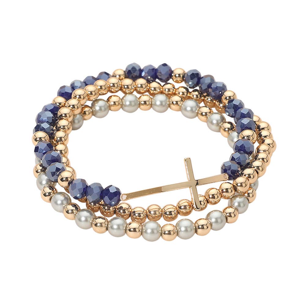 3PCS - Cross Charm Pearl Metal Ball Faceted Beaded Stretch Multi Layered Bracelets