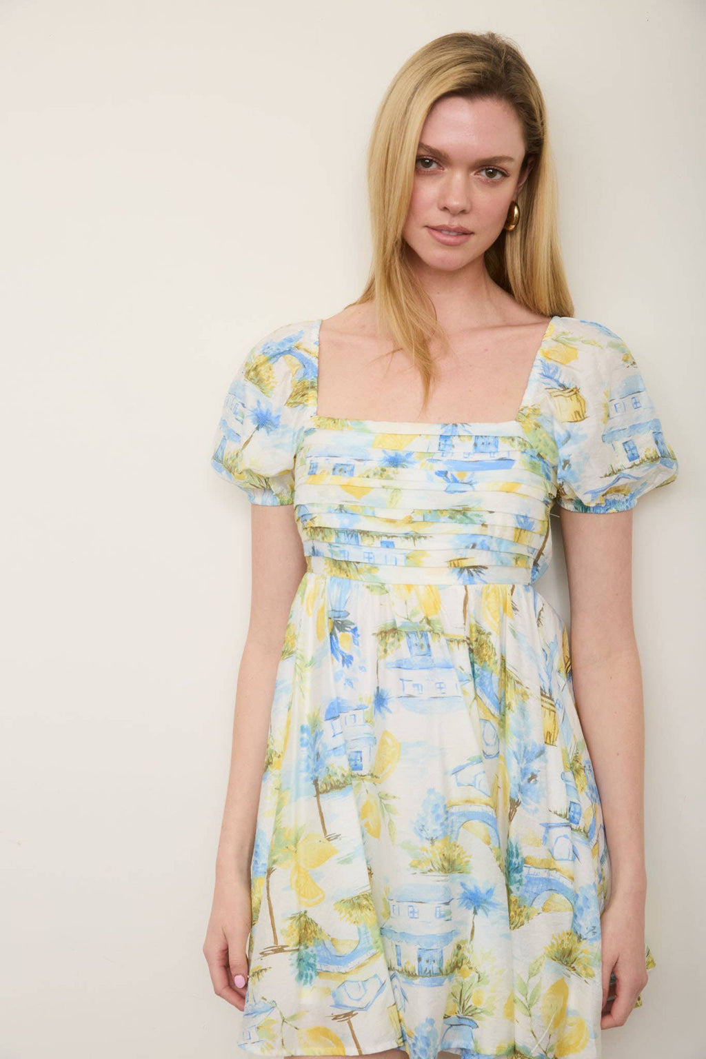 LEMON PRINT PLEATED SHORT PUFF SLEEVE MINI DRESS