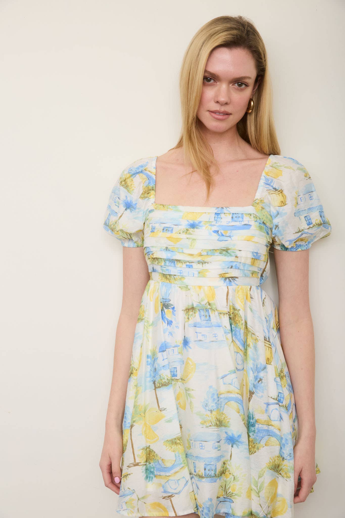 LEMON PRINT PLEATED SHORT PUFF SLEEVE MINI DRESS