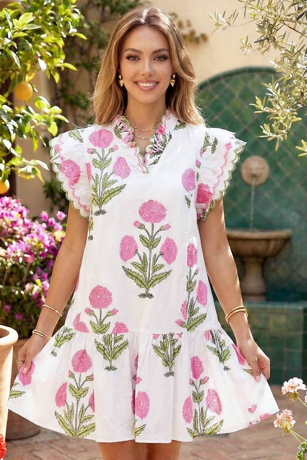 Flower Scalloped Embroid Trim V Neck Mini Dress
