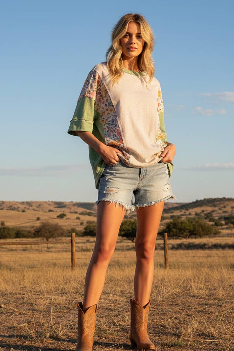 WASHED FLORAL PATCHWORK OVERSIZED CONTRAST TEE