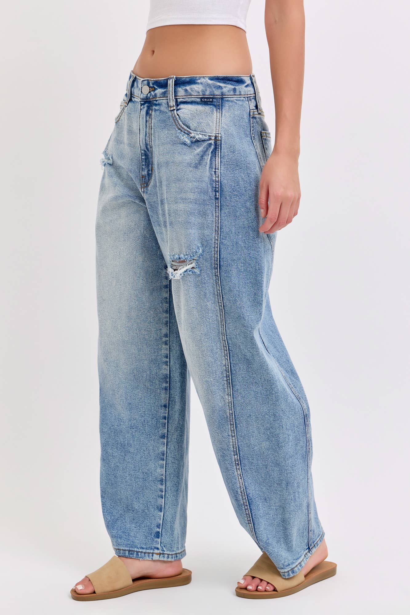 Mid-Waisted Barrel Jeans with Side Panels [WV79502BR-MD]