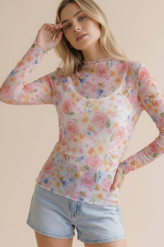 Plus Long Sleeve Floral Esh Semi Sheer Top
